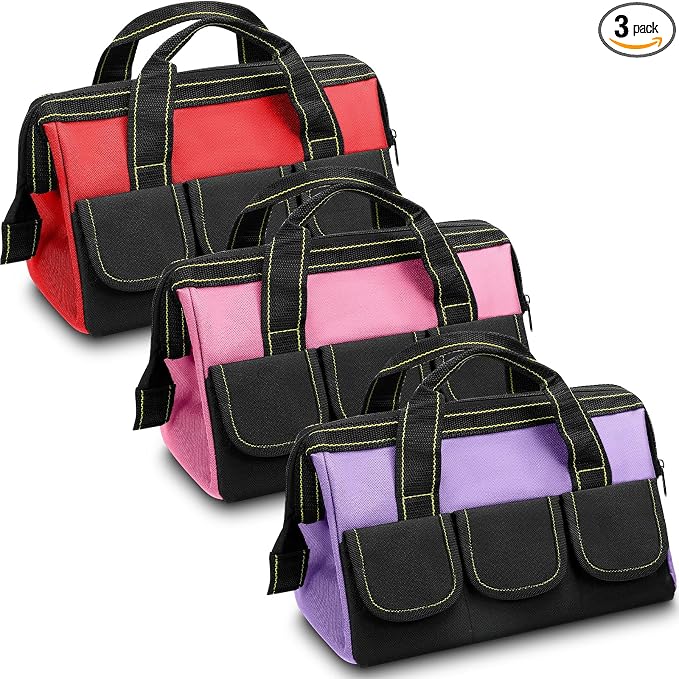 Sanwuta 3 Pack Tool Bag for Men with Waterproof Hard Bottom, Heavy Duty Tool Bag Wide Mouth Tote for Various Instrument, Electrician Carpenter Mechanic(Red, Pink, Light Purple,13 Inch,Classic)