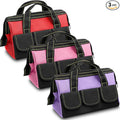 Sanwuta 3 Pack Tool Bag for Men with Waterproof Hard Bottom, Heavy Duty Tool Bag Wide Mouth Tote for Various Instrument, Electrician Carpenter Mechanic(Red, Pink, Light Purple,16 Inch,Classic)