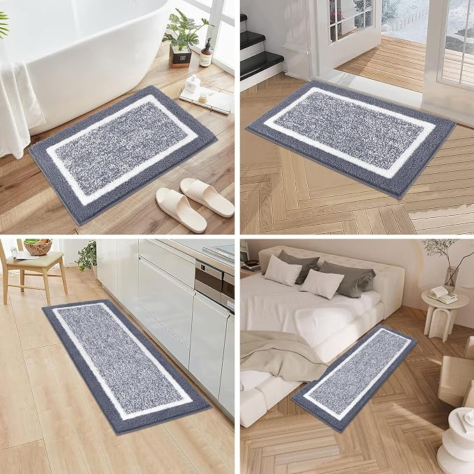 Pauwer Bathroom Rugs Set 3 Piece Non Slip Washable, Plush Absorbent Microfiber Bath Mat Shower Rug Runner Quick Dry, Super Soft U Shaped Toilet Mats Floor Carpet, Dark Grey