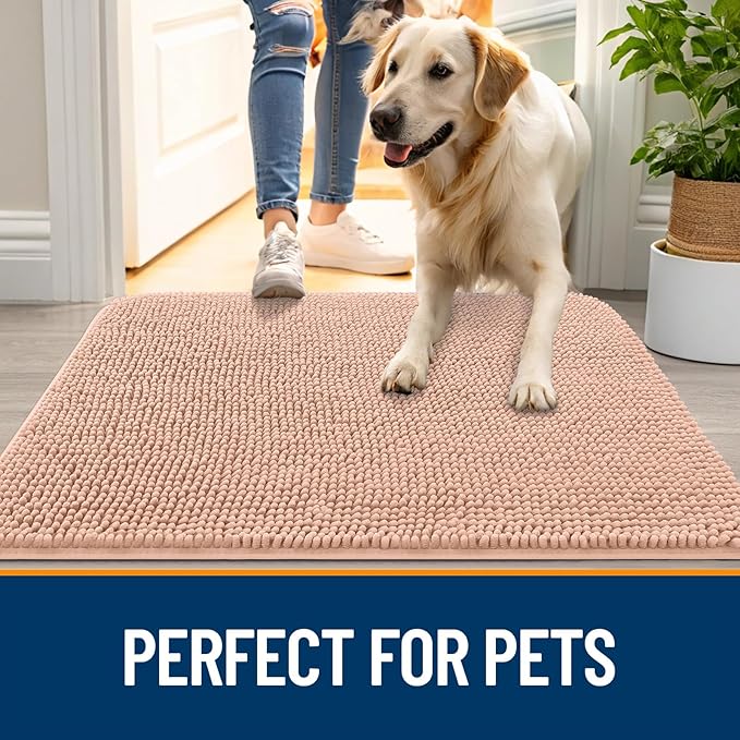 OLANLY Dog Door Mat for Muddy Paws 54x32, Absorbs Moisture and Dirt, Absorbent Non-Slip Washable Doormat, Quick Dry Chenille Mud Mat for Dogs, Entry Indoor Entryway Carpet for Inside Floor, Peach