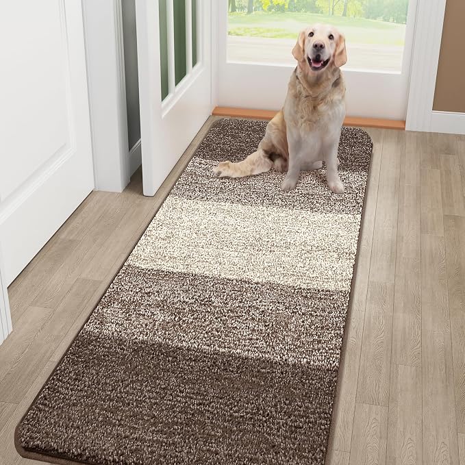 Kitinjoy Indoor Outdoor Door Mat, 48x30 Non-Slip Absorbent Dirt Trapper, Low-Profile Washable Inside Entrance Front Floor Mat, Sturdy Soft Entry Doormats for Entryway, Light Brown
