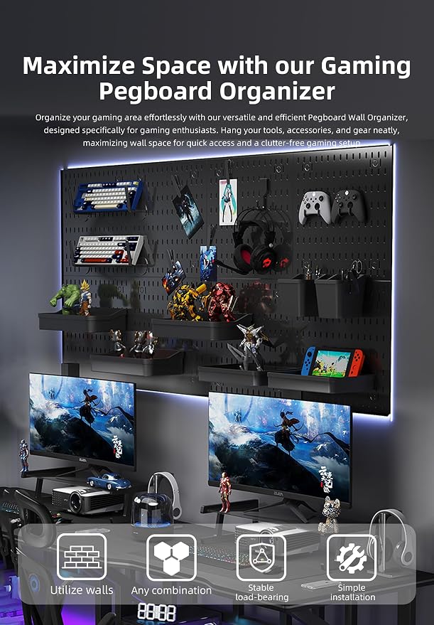 Wall Organizer Peg Board - Elevate And Declutter Your Gaming And Office - Create A Perfectly Structured Space(Black)