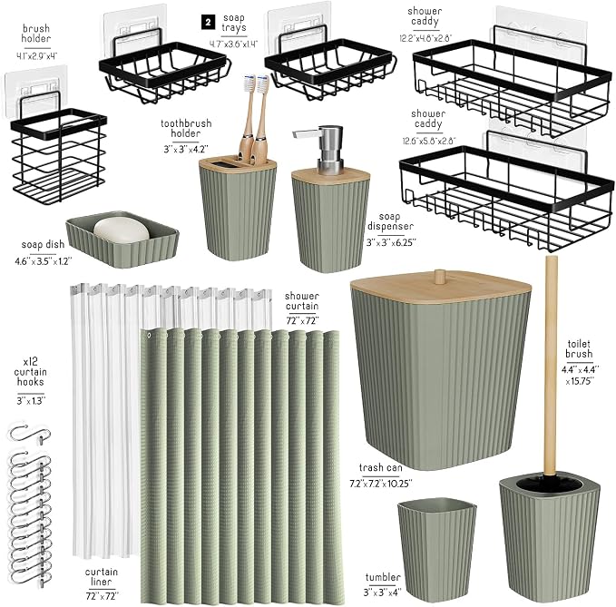 Clara Clark Bathroom Accessories Set - Bathroom Set with Adhesive Corner Shower Caddy Hanging, 25PC Bathroom Accessory Set, Sage Green Shower Curtain Set, Toilet Brush, Trash Can & Soap Dispenser
