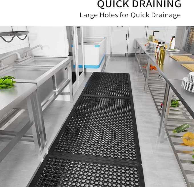 ROVSUN Rubber Floor Mat with Holes, 36''x 60'' Anti-Fatigue/Non-Slip Drainage Mat, for Industrial Kitchen Restaurant Bar Bathroom Utility Garage Pool Entry Door Mat, Indoor (36''x 60'' Black 2Pcs)