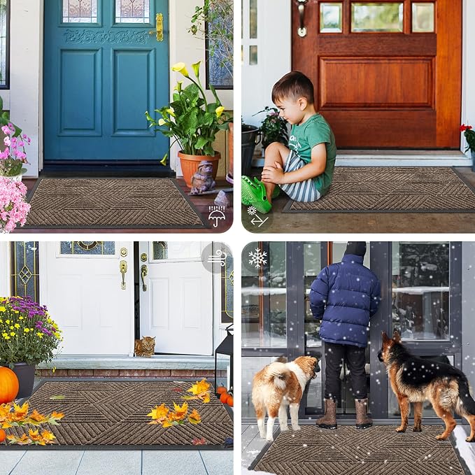 Smiry Front Door Mat Outside Entrance, Heavy Duty Sturdy Natural Rubber Doormat, Trap Dirt and Moisture, Easy Clean Low Profile Mats for Indoor Outdoor Entry, Irregular Triangle (47x17, Brown)