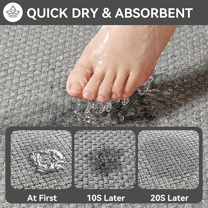 YDKGL Bath Mat Bathroom Rugs Non Slip Washable, Soft Jute-Like Ultra Thin Bath Mats, Rubber Backing Super Absorbent Quick Dry Thin Bath Rug Shower Mat Fit Under Door Bathroom Tub Floor, Gray 20" x 32"
