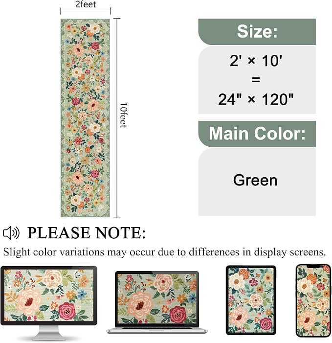 DUKINO 2x10 Kitchen Runner Rug for Hallway, Washable Runner Rug with Non Slip Backing, Low Pile Soft Boho Floral Carpet for Kitchen, Hallway, Entryway, Laundry, Bedroom, Green