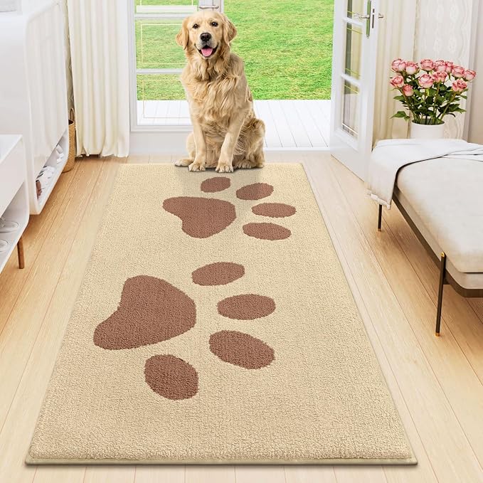Smiry Dog Door Mat for Muddy Paws, Absorbs Moisture and Dirt, Low-Profile Entryway Mat with Non-Slip Backing, Entry Indoor Outdoor Doormat for Inside Floor (47x24 Inches, Light Beige, Paw)