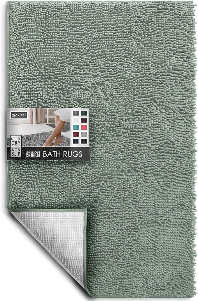Hearth & Harbor Bathroom Rugs, Chenille Bath Mat - Machine Washable Bath Mats for Bathroom Non-Slip Backing Rubber, Quick Dry Bathroom Mat, 26 x 44 - Ice Green