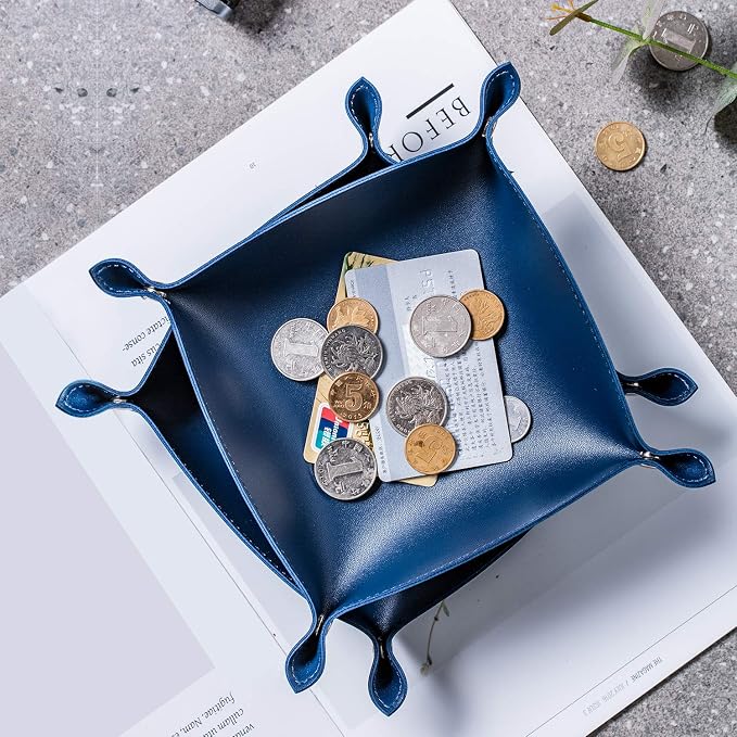 Leather Jewelry Valet Tray for Women and Man, Portable Entryway Table Tray Bedside Nightstand Desk Tray Small Catchall Travel Dish Plate for Key,Wallet,Watch,Coin (8x8, Blue-B)