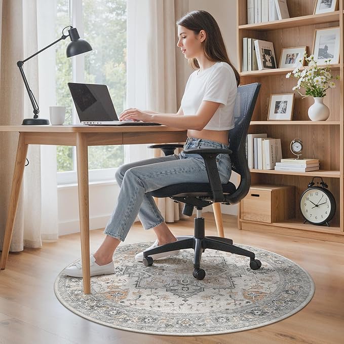 36"x36" Office Chair Mat for Hardwood Tile Floor, Under Desk Carpet Protector for Rolling Computer Chair Mat, Machine Washable Round Area Rug, Anti-Slip 1/5" Thick Low Pile Thin Floor Mat, Taupe