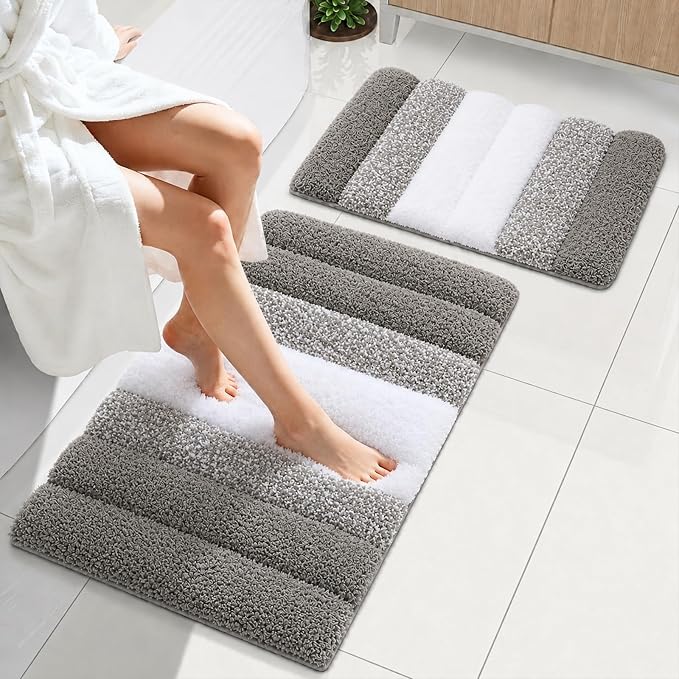 XIYUNTE Thick Bathroom Rug Set of 2 Piece, 32"x20"+24"x16" Extra Soft Microfiber Gray and White Bath Rugs, Quick Dry Super Absorbent Rubber Backing Non Slip Washable Bath Mats for Floor Tub Shower