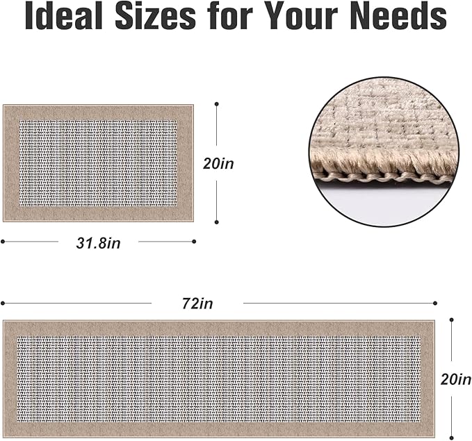 StepRite Kitchen Mats for Floor, Non-Slip Kitchen Rugs Set of 2 PCS, Super Absorbent Washable Kitchen Mats with Rubber Backing, Runner Mats for Front of Sink (20"x32"+20"x72" Khaki)