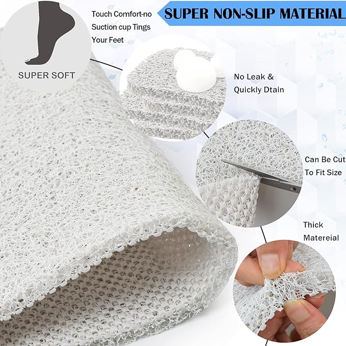 godehone Shower Mats Non Slip Without Suction Cups, PVC Loofah Bathroom Mats, Loofah Mats for Shower and Bathroom, Quick Drying, 23.6× 34.6 Inch, White