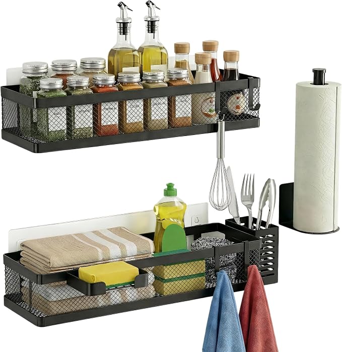 PUSDON 5-in-1 16.5" Extra Long Slim Wall Mount Wrapped Mesh Kitchen Organizer & Shower Caddy Kit, with Paper Towel Holder, Utensil Holder, Soap Dish, Holds 50LBS - Matte Black, Netting