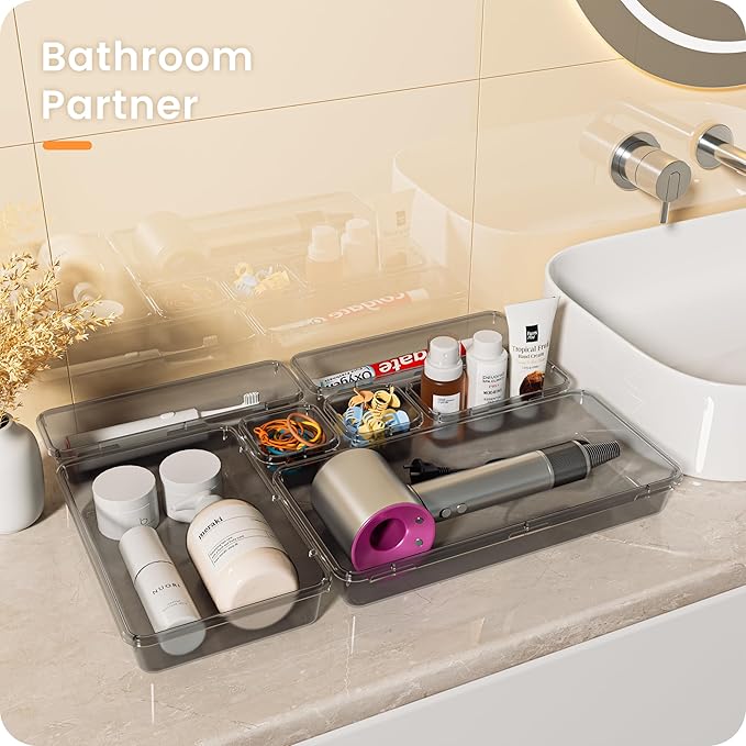 A-LuGei 【Military Grade Drawer Organizer, 【𝟱𝗦𝗶𝘇𝗲】 Makeup organizer, 【Holds 177 Items】 Bathroom Organizers and Storage, Organization and Storage, Desk Drawer Organizer for Vanity (Clear Black)