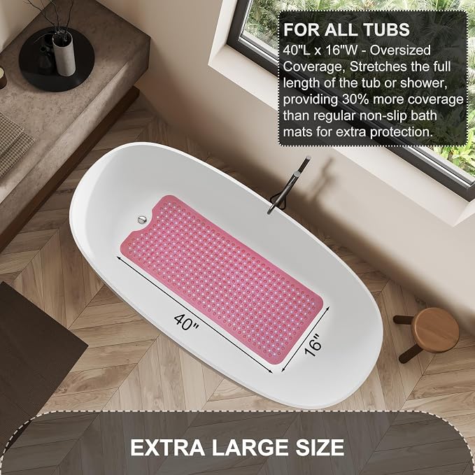 TEESHLY Bath Tub Shower Mat, Non Slip Bathtub Floor Liner Mats with Suction Cups and Drain Holes, Machine Washable Bathmat for Bathroom Floor Safety, 40 x 16 Inch, Clear Burgundy