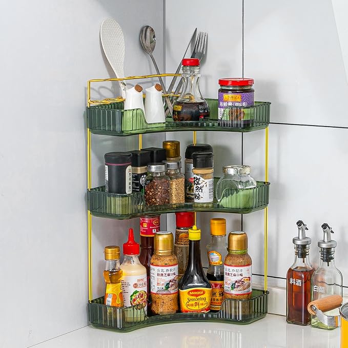 shuang qing Upgraded 3-Tier Corner Bathroom Countertop Organizer – Spacious Storage for Makeup, Skincare & Perfumes, Built-in Brush Holder Fits Vanity/Dresser/Bsthtub (Sage Green)
