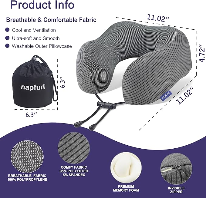 napfun Neck Pillow for Traveling, Upgraded Travel Neck Pillow for Airplane 100% Pure Memory Foam Travel Pillow for Flight Headrest Sleep, Portable Plane Accessories, Dark Gray