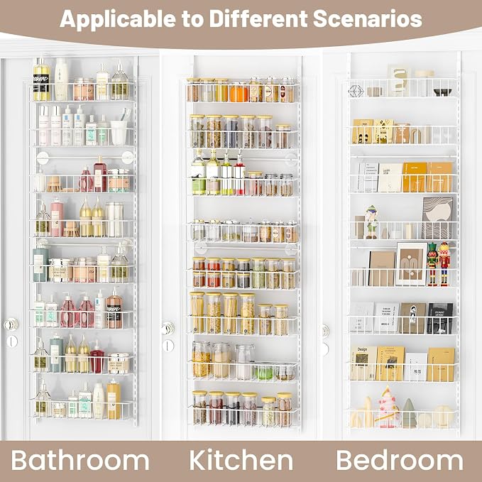 ElegantArray 8-Tier Pantry Door Oragnizer, Over The Door Pantry Organizer Rack and Storage, Hanging Spice Rack Shelves Door, Home Office Laundry Room Bathroom & Kitchen Organization, White