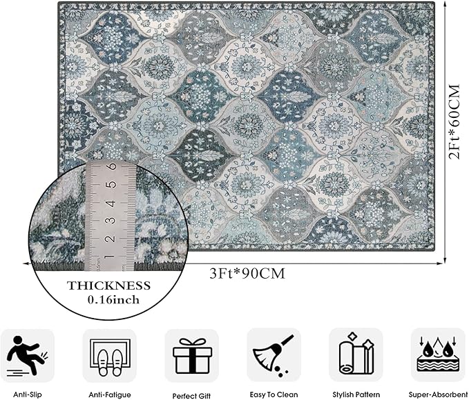 Lahome Moroccan Trellis Front Door Mat Indoor Entrance, 2x3 Rugs for Entryway Non-Slip Washable Indoor Door Mat, Oriental Accent Small Rug for Kitchen Bedroom Bathroom Elise, Blue