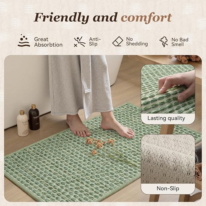 AMOAMI Unique Woven Bath Mat, Super Absorbent Non Slip Bath Mat, 17" x 24", Sage