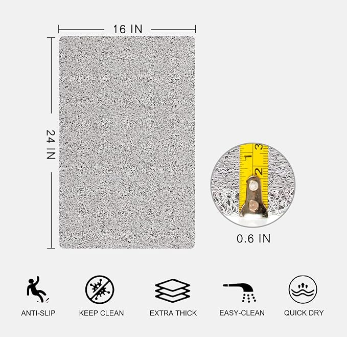 Nonslip Bathtub Mat, Anti Slip Bath Mat 0.6" Extra Thick, Quick Dry Bath Tub Anti Slip Shower Mat, Loofah Non-Slip Bath Mat for Tub Bathroom Pool Kitchen Entryway Home Hotel(Light Gray 16x24)