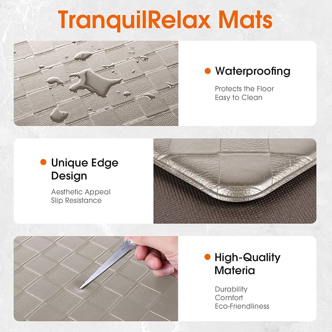 TranquilRelax Kitchen Mats, 2PCS Kitchen Rugs, Cushioned Anti Fatigue Kitchen Mats for Floor, Non-Slip Standing Sink Mat, Waterproof Kitchen Rug Set for Kitchen Floor Office,17.3"×30"+17.3"×47" Brown