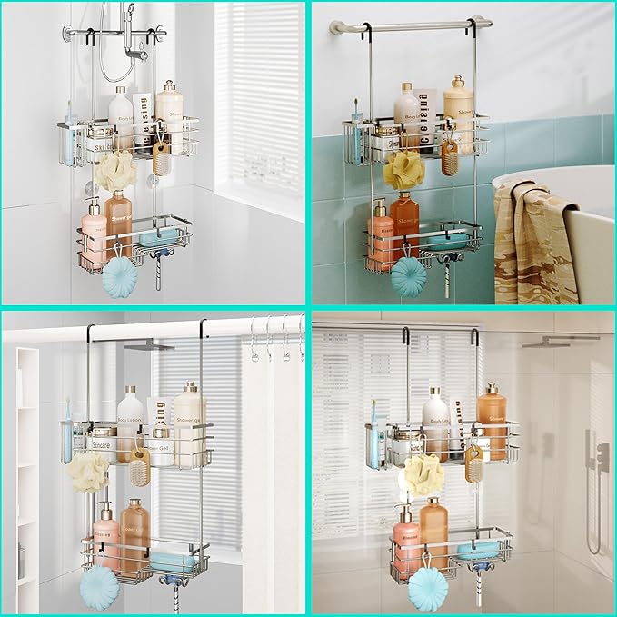 HapiRm Hanging Shower Caddy Organizer - No Drilling Shower Shelves with Hooks and Toothbrush Holder, Rustproof 304 Stainless Steel Bathroom Organizer - Brushed Nickel