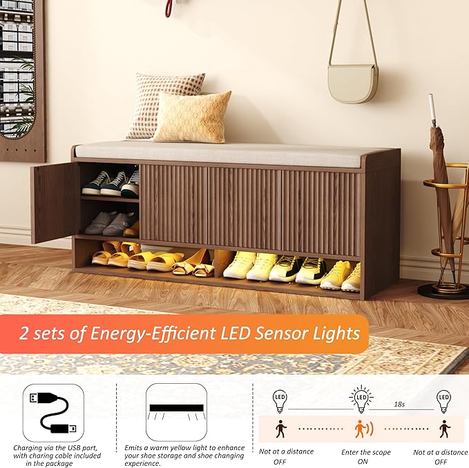 HOMEFORT 47.2" Fluted Shoe Storage Bench, Entryway Bench with Linen Seat Cushion, Shoe Cabinet Bench with Adjustable Shelf and Built-in LED Sensor Light, Bench for Bedroom End of Bed, Walnut