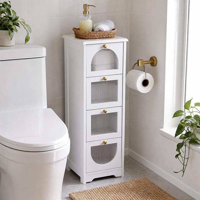 Garvee Bathroom Floor Storage Cabinet, Freestanding Storage Organizer with 4 Drawers for Narrow Spaces, Small White Side Cabinet for Living Room Hallway, 11.8" W x 11.8" D x 33.1" H
