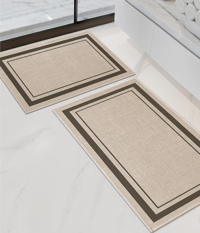 chakme 2 Piece Bathroom Rug Set, Ultra Thin Bath Mat, Absorbent, Non Slip, Machine Washable, Light Beige, 17"x24"+17"x32"