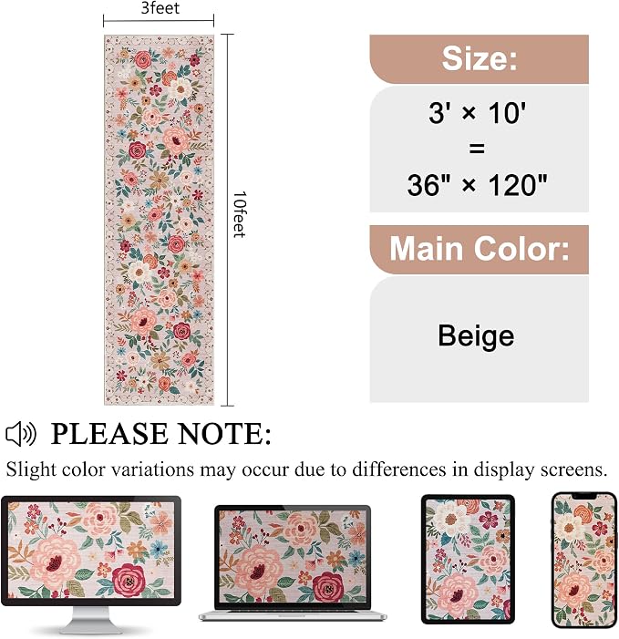 DUKINO 3x10 Runner Rug for Hallway, Washable Kitchen Floral Runner Rug with Non Slip Backing, Low Pile Soft Boho Carpet for Kitchen, Hallway, Entryway, Laundry, Bedroom, Beige