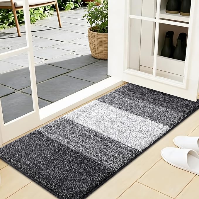 Kitinjoy Indoor Outdoor Door Mat, 44x24 Non-Slip Absorbent Dirt Trapper, Low-Profile Washable Inside Entrance Front Floor Mat, Sturdy Soft Entry Doormats for Entryway, Grey