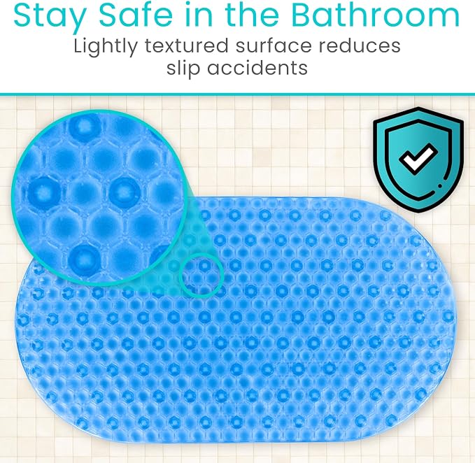 Vive Oval Bathtub Mat - Nonslip Shower Floor Pad - Non-Slip and Non-Skid for Bath Tub with Strong Rubber Suction Cup Grip - for Baby, Elderly, Kids, Bathroom (Blue)