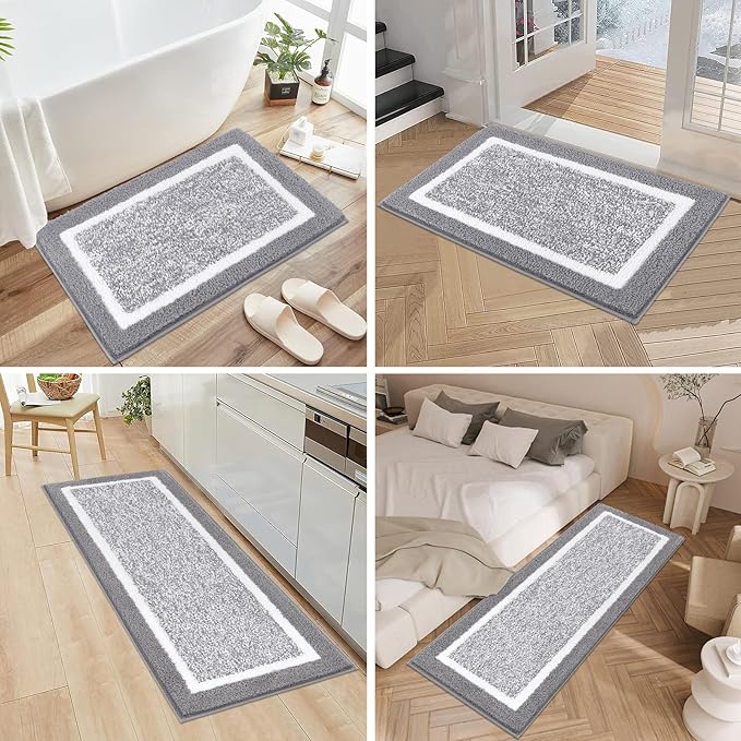 Pauwer Bathroom Rug Mat Set 3 Piece, Microfiber Shaggy Bath Set, Non-Slip Ultra Soft Carpet Mats, Absorbent with U-Shaped Toilet for Bathroom, Tub, Shower, Light Grey