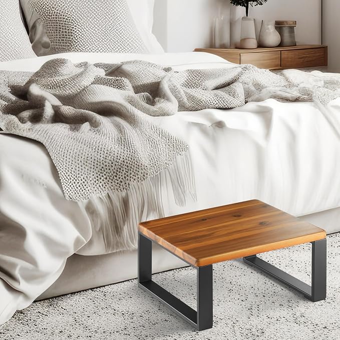 2BHOME Wooden Step Stool, Heavy Duty One Step Stool for Adults, Wooden Stepping Stool with 450Lbs Capacity for Kitchen & Bathroom, Non-slip Wood Bedside Bed Steps with Robust Steel Frame for High Beds