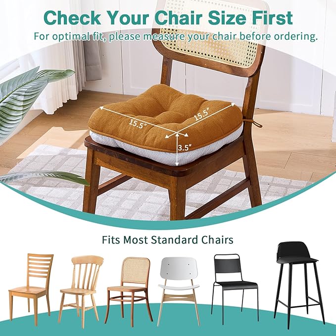 BETU Chair Cushions for Dining Chairs Set of 2,3.5" Thick Kitchen Table Chair Pads with Ties,Non Slip Backing and Covers, Seat Cushion for Dining Room,Bar,Patio Chairs,15.5"X15.5"X3.5",Caramel