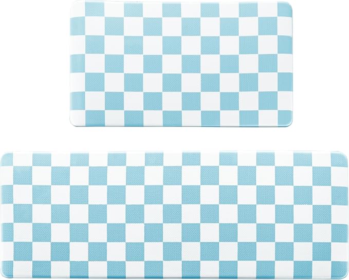 Sky Blue Checkered Grid Checkerboard Kitchen Rug Sets [2 PCs], Anti-Fatigue, Waterproof Non-Slip Kitchen Mats Heavy Duty Ergonomic Comfort Foam Rug for Floor, Home, Laundry,17"x29"+17"x47"