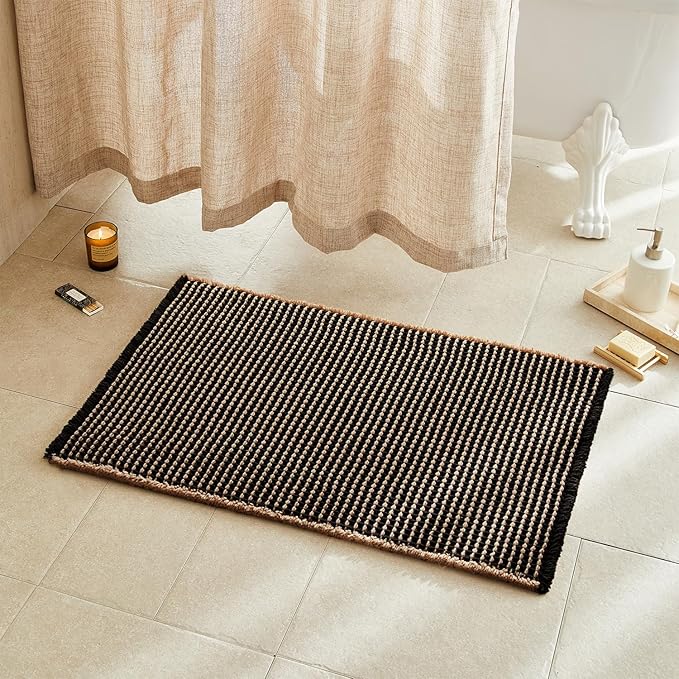 TYUU Waffle Bath Mat, Boho Bathroom Rugs Non Slip Washable Super Absorbent Quick Dry Bath Mat Farmhouse Bathroom Decor, 36"x24" Khaki and Black