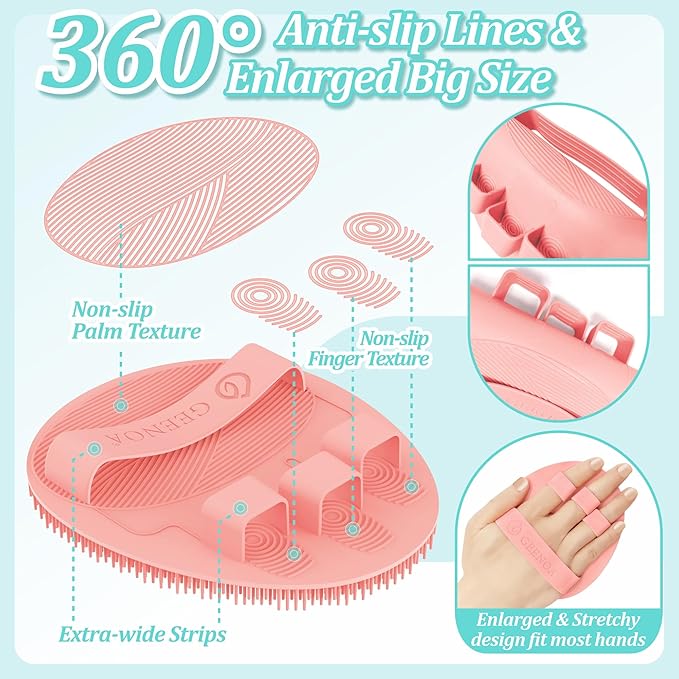 Silicone Back Scrubber & Bath Glove Set 2PCS, 13.4'' Gentle Shower Back Scrubber with Dual-Side Head Non-Slip Handle, 360° Anti-Slip Hand-fit Bath Glove for Rich Foaming Deep Cleaning(Pink)