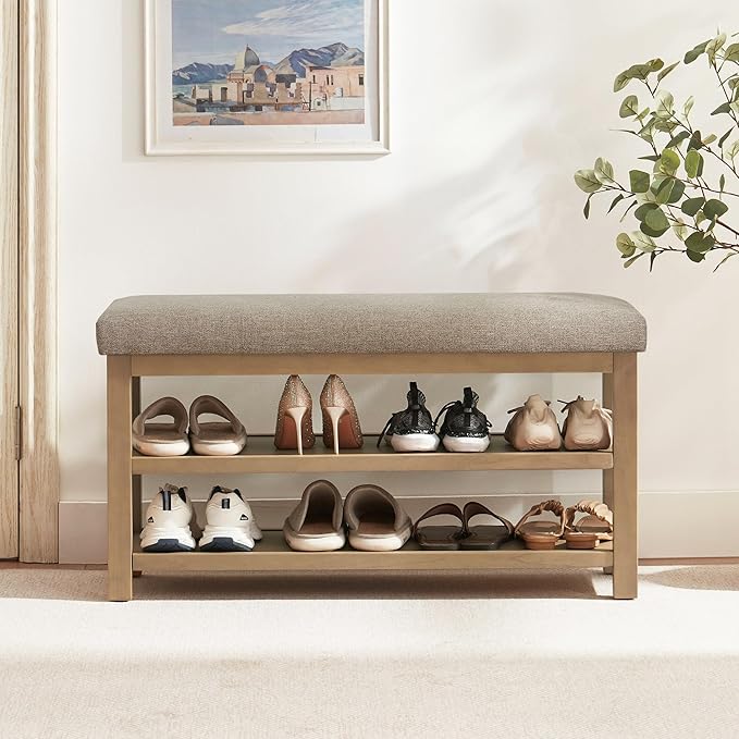 Zihanhome 2 Tier Shoe Rack Bench with Cushion, Solid Wood Shoe Benches, Mid-Century Modern Shoe Storage Bench for Entryway, Hallway, Living Room, Closet, Front Door Entrance, (Brown, 39.4")