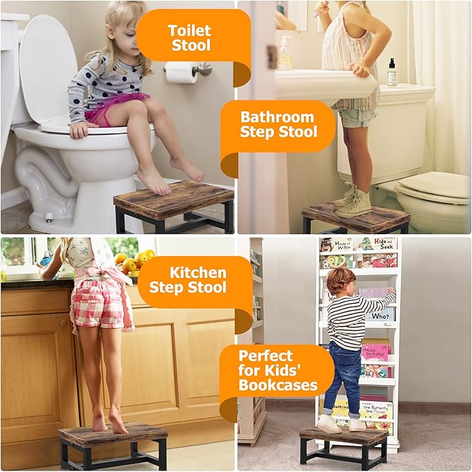 Wooden Step Stools for Adults Kids with Non-Slip Rubber Feet, Heavy Duty Stepping Stools with 500-LBS Capacity for Bedroom Kitchen Bathroom, Bed Steps for High Beds, Easy to Assemble, Rustic Brown