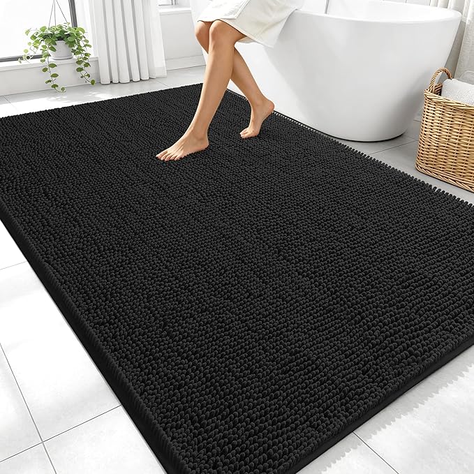 OLANLY Large Bathroom Rugs 70x46, Extra Soft Absorbent Chenille Bath Rugs, Rubber Backing Quick Dry, Machine Washable Bath Mats for Bathroom Floor, Tub and Shower, Home Decor Accessories, Black