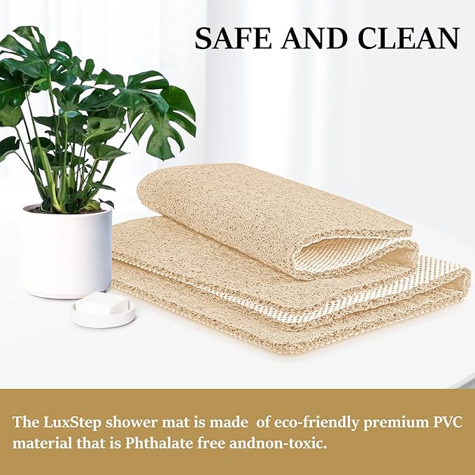 LuxStep Shower Mat Bathtub Mat,24x36 inch, Non-Slip Bath Mat with Drain, Quick Drying PVC Loofah Bathmat for Tub,Shower,Bathroom,Khaki