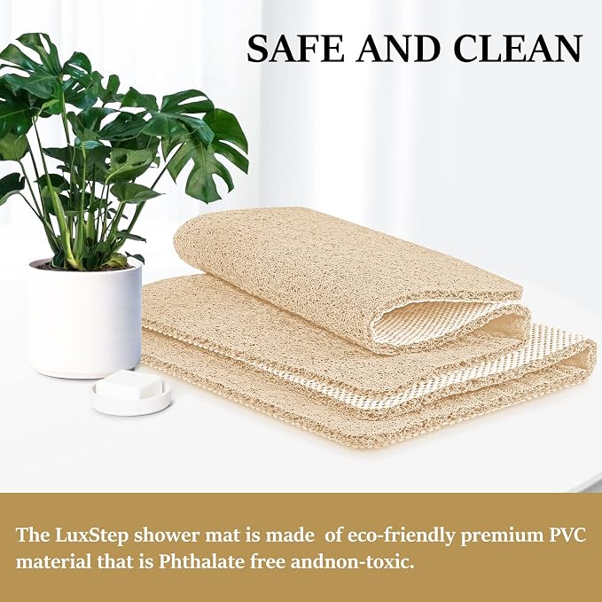 LuxStep Shower Mat Bathtub Mat,40x24 inch, Non-Slip Bath Mat with Drain, Quick Drying PVC Loofah Bathmat for Tub,Shower,Bathroom,Khaki