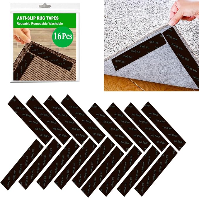 Rug Tape 16 Pcs Carpet Gripper Rug Stoper Carpet Tape Keeps Rug in Place No Slip Rug Stickers Reusable Washable Black