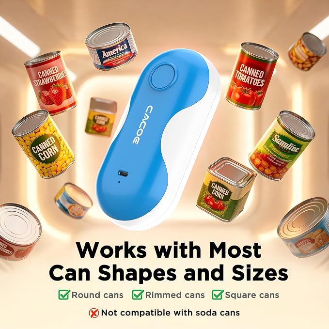 CACOE Automatic Smart Electric Can Opener with Auto Stop & USB-C Charging - Cordless Can Opener for Elderly and Arthritic Users for Seniors & Arthritis, Effortless One-Touch Open (blue)