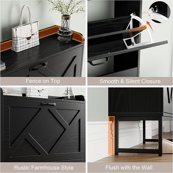 Nicetree Shoe Storage Cabinet with 2 Flip Drawers, Freestanding Shoe Organizer, Shoe Cabinet with Metal Legs, Farmhouse Slim Shoe Cabinet for Entryway, Foyer, Hallway, Black