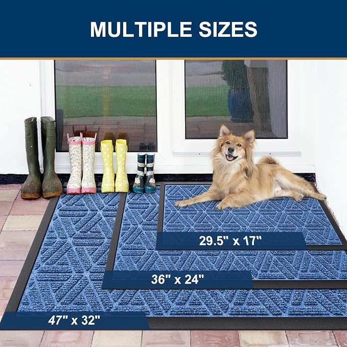 Smiry Front Door Mat Outside Entrance, Heavy Duty Sturdy Natural Rubber Doormat, Trap Dirt and Moisture, Easy Clean Low Profile Mats for Indoor Outdoor Entry, Grid Geometric (35x23, Blue)